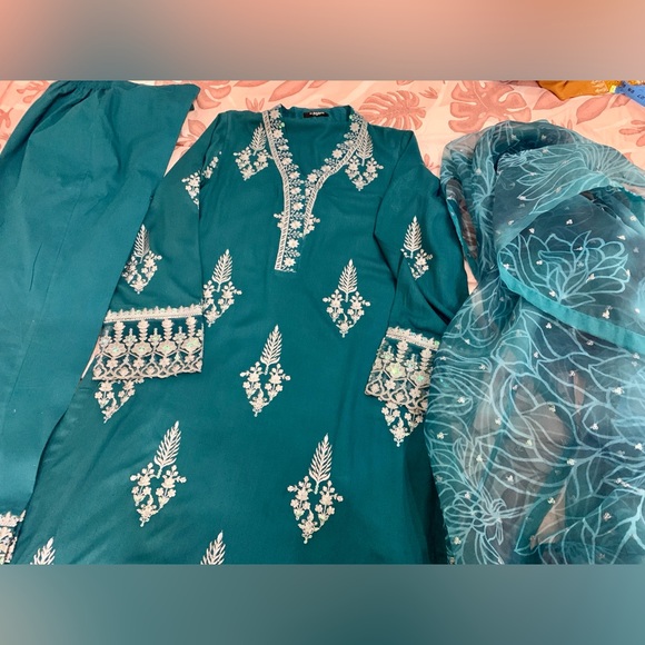 M. BASICS By MARIA. B. Elegant Teal Embroidered Suit - Picture 13 of 16